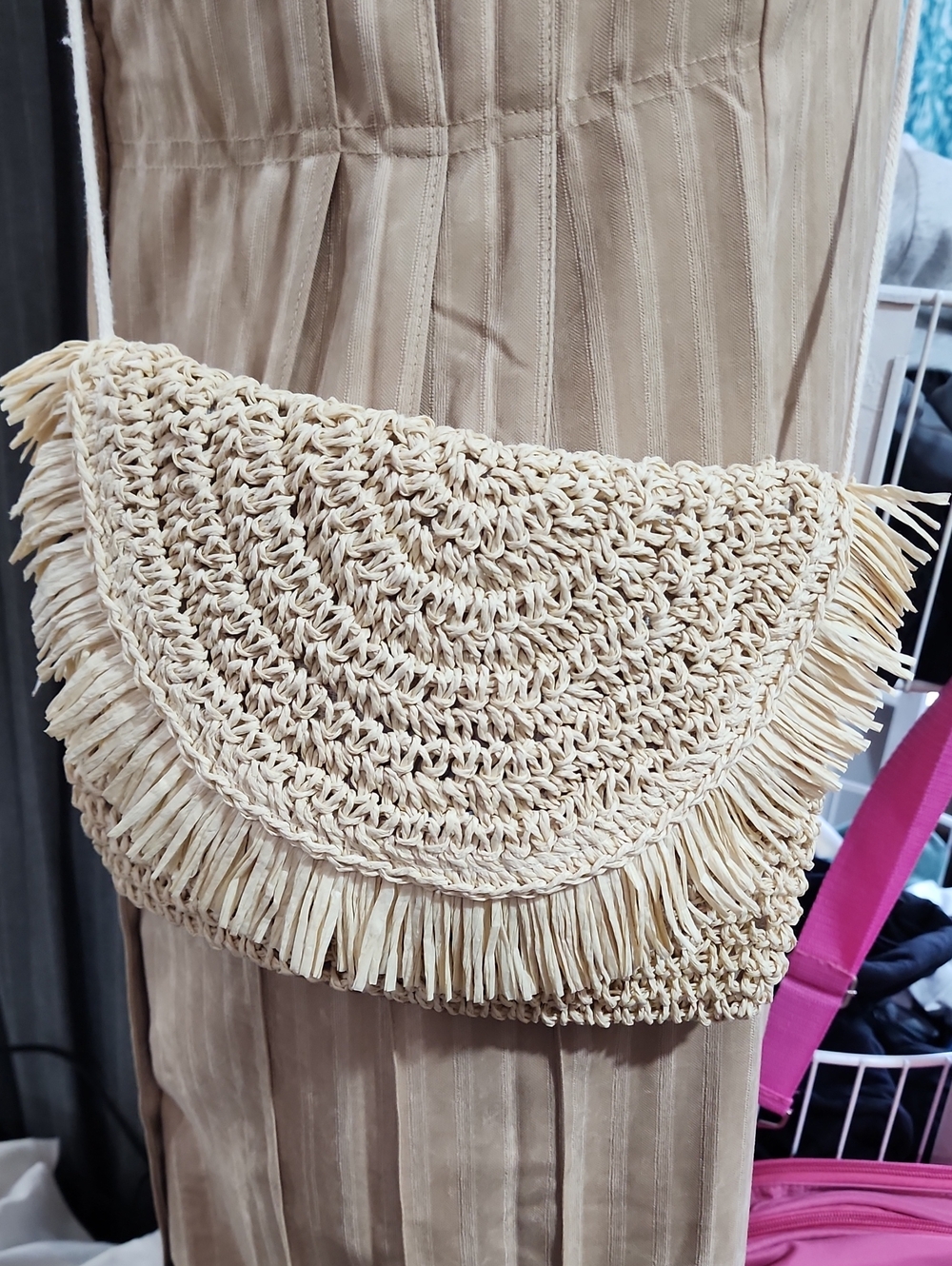 Woven Fringe Crossbody Bag - Cream